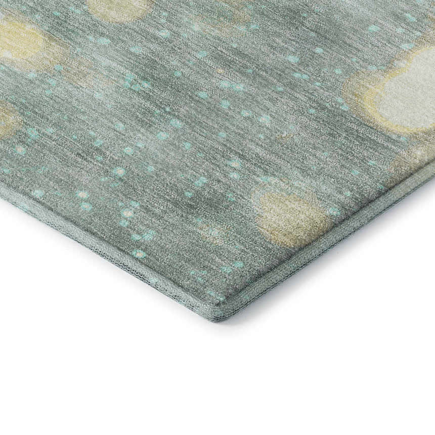 Close-up of the Dalyn Luxury Merry & Bright MY3 Skydust Washable Area Rug. Features chestnut, gold, light blue, and teal colors.