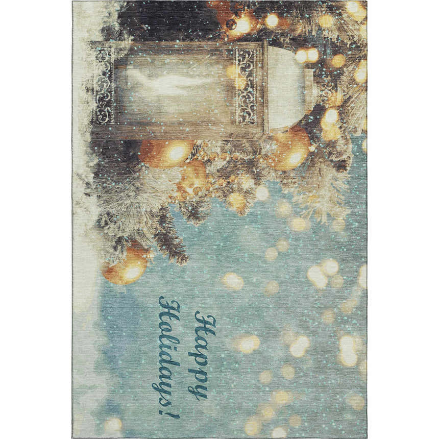 Dalyn Luxury Merry & Bright rug. Skydust holiday rug with Christmas tree, ornament, and Happy Holidays design.