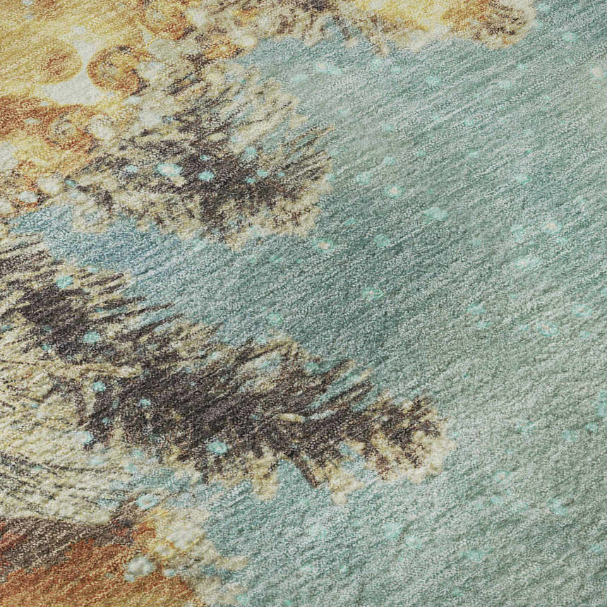 Close-up of Dalyn Luxury Merry & Bright MY3 Skydust Washable Area Rug. Features chestnut, gold, light blue, and teal colors.