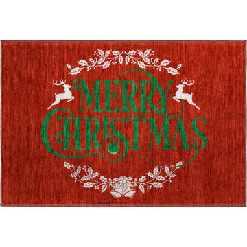 Dalyn Luxury Merry & Bright rug. Red holiday rug with green Merry Christmas text, reindeer and holly design.