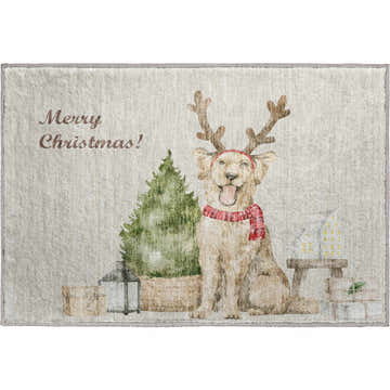 Beige Dalyn Merry & Bright rug with a Christmas tree, gifts, and a dog wearing reindeer antlers.