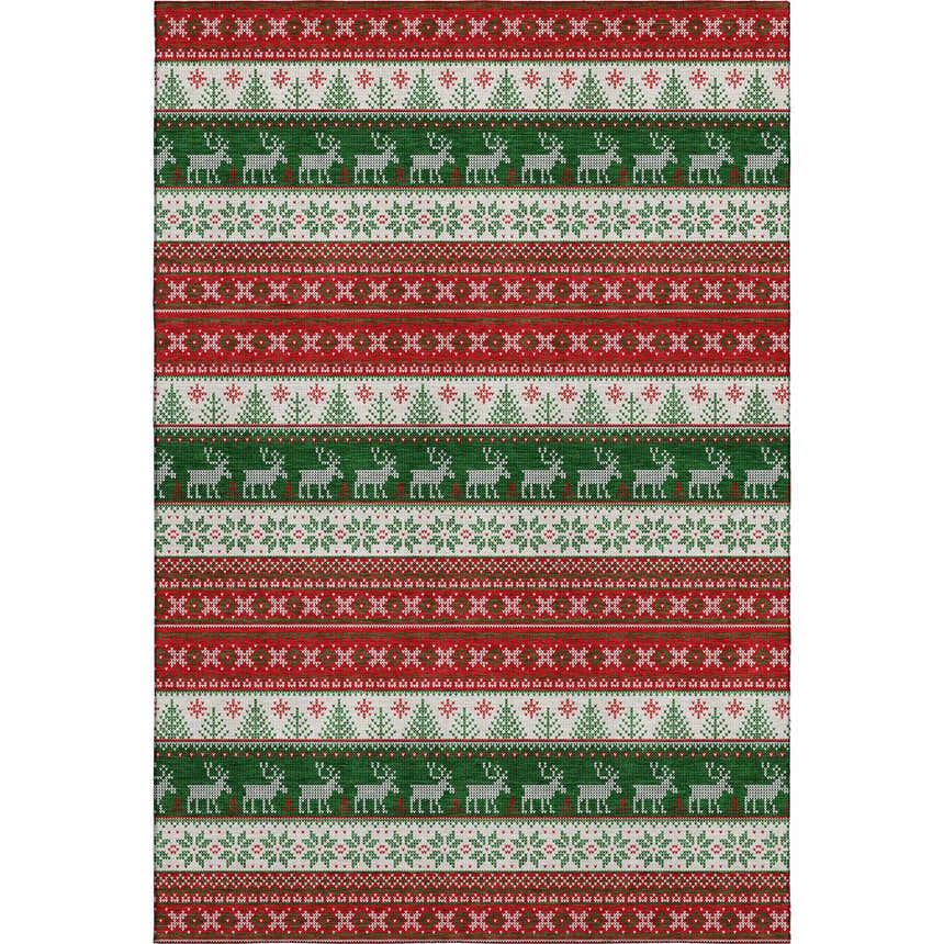 Dalyn Luxury Merry & Bright rug close-up. Red, green, and white holiday pattern with reindeer, trees, and snowflakes.