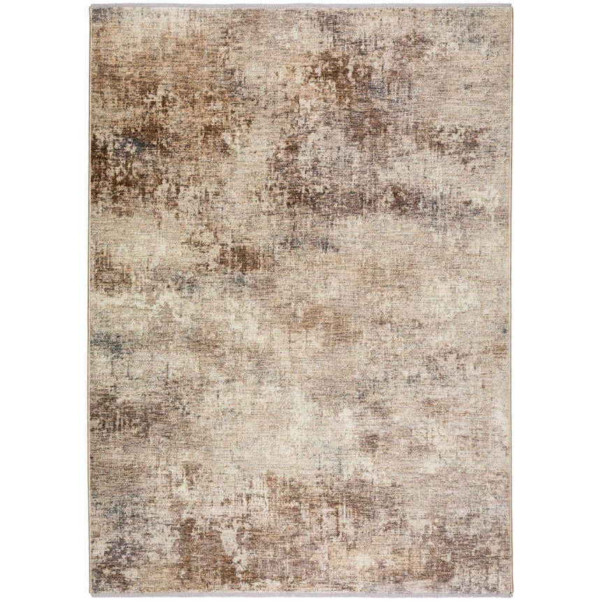 Close-up of the Dalyn Neola NA8 Taupe Area Rug. Beige, brown, and taupe distressed abstract pattern. Farmhouse style.
