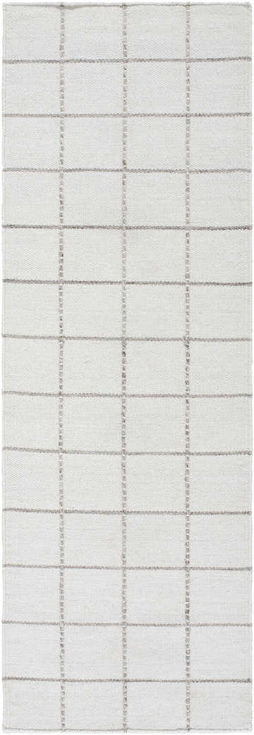 Close-up of the Nissa White Gray Checkered Wool Rug, featuring a light silver and off-white farmhouse design. Design-Runner-268