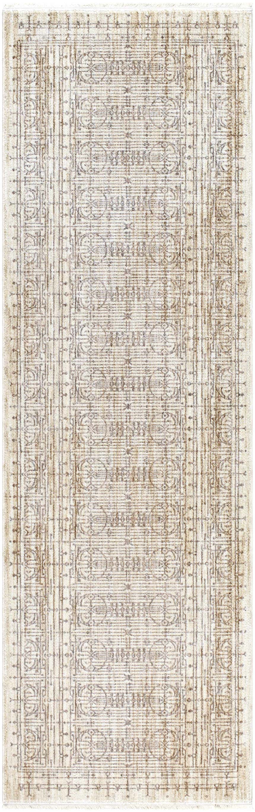Close-up of Usonia USO-2304 runner rug. Machine woven polyester with a contemporary geometric pattern in dark red, gray, and white. Design-Runner-2710