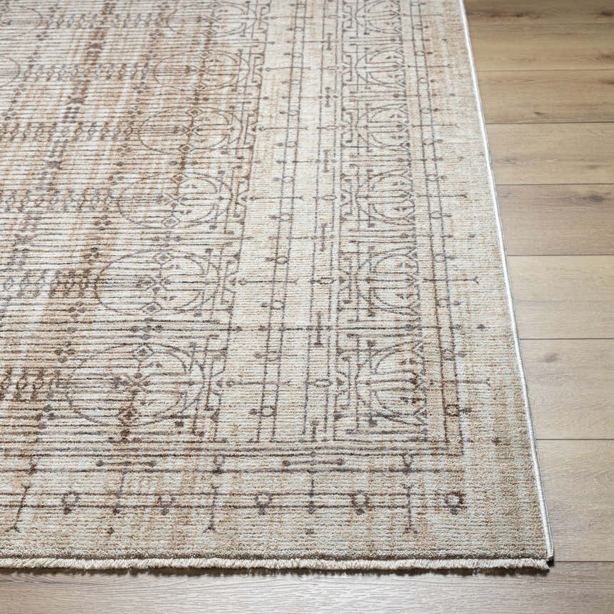 Close-up of the Usonia USO-2304 area rug. Machine woven polyester rug in dark red, gray, and white with a contemporary pattern. Front