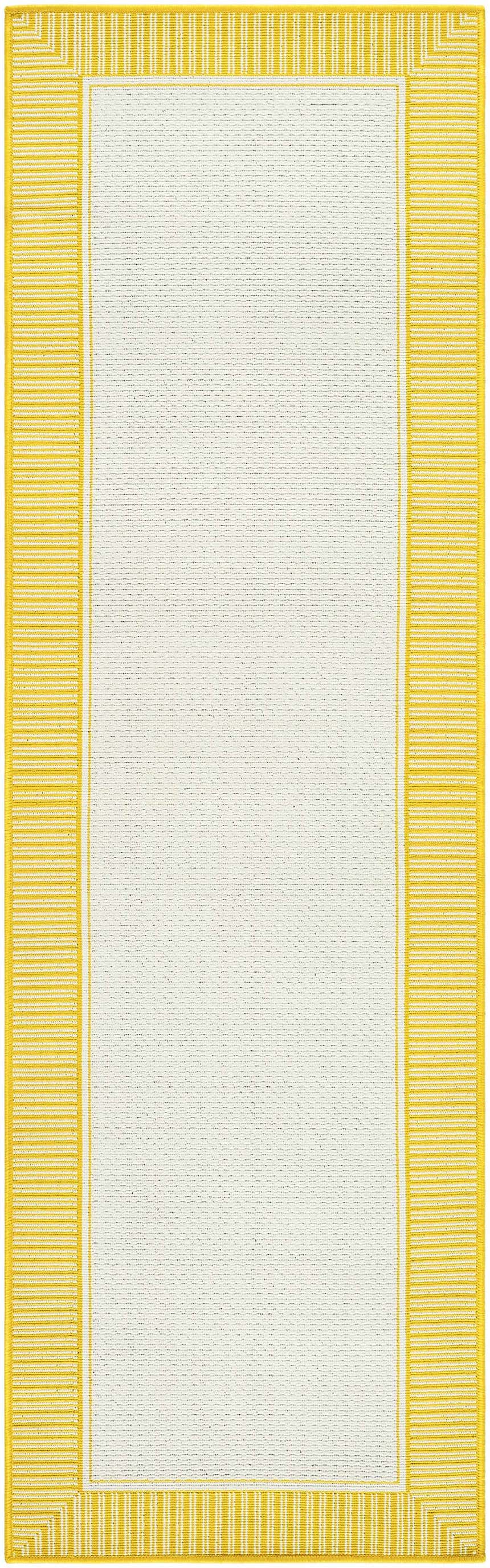Close-up of the Nadir Area Rug. Cream rug with a bright yellow striped border. Machine woven olefin rug. Design-Runner