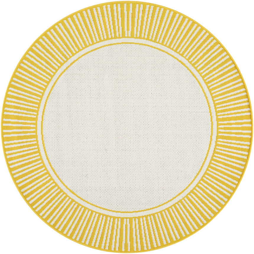 Round Nadir Area Rug - Clearance. Cream rug with a yellow striped sunburst pattern border. Design-Round-53