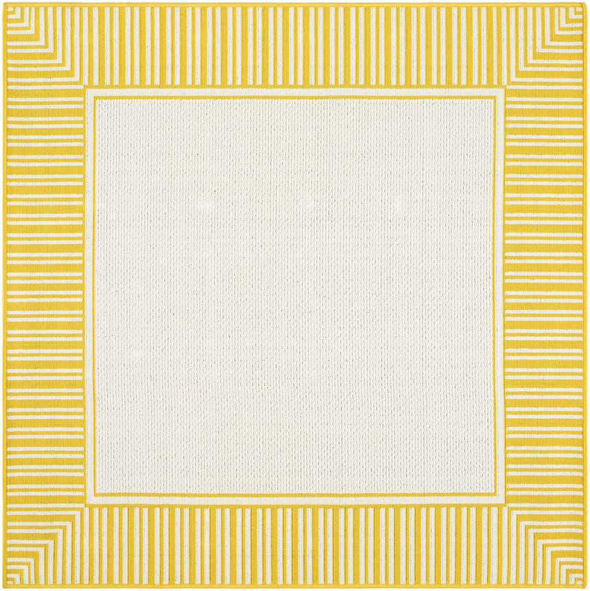 Close-up of the Nadir Area Rug. Cream center with a yellow striped border in a farmhouse style. Design-Square-53