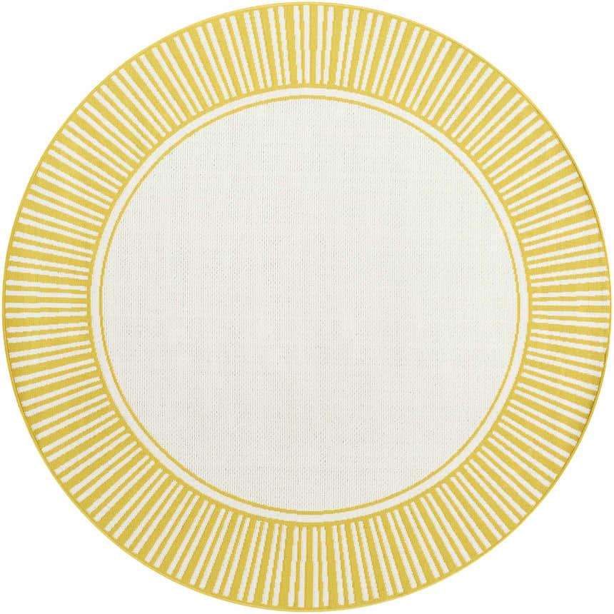 Close-up of round Nadir Area Rug. Cream center with a yellow striped sunburst pattern border. Design-Round-67