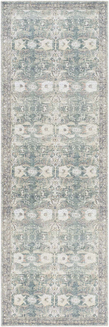 Close-up of the Walta Washable Area Rug. Traditional design in beige, cream, charcoal, sage, green, and orange tones. Design-Runner-27710