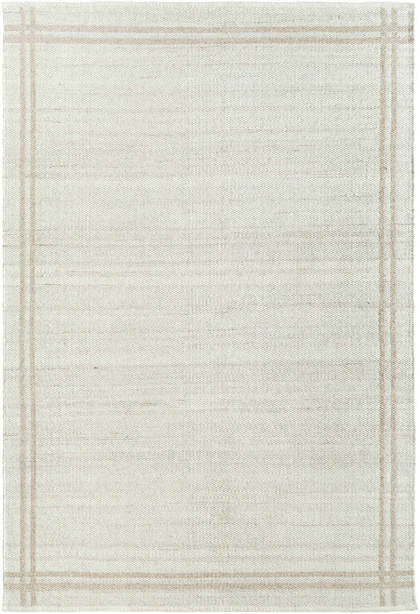 Close-up of the hand-woven Nimue Area Rug. Ivory wool with a tan border. Farmhouse style. Design-Rectangle-69