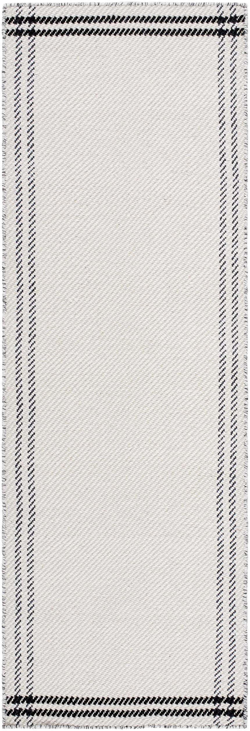 Close-up of the hand woven Nimue Cream & Blue Bordered Area Rug. Features light silver wool and a farmhouse style border. Design-Runner-268
