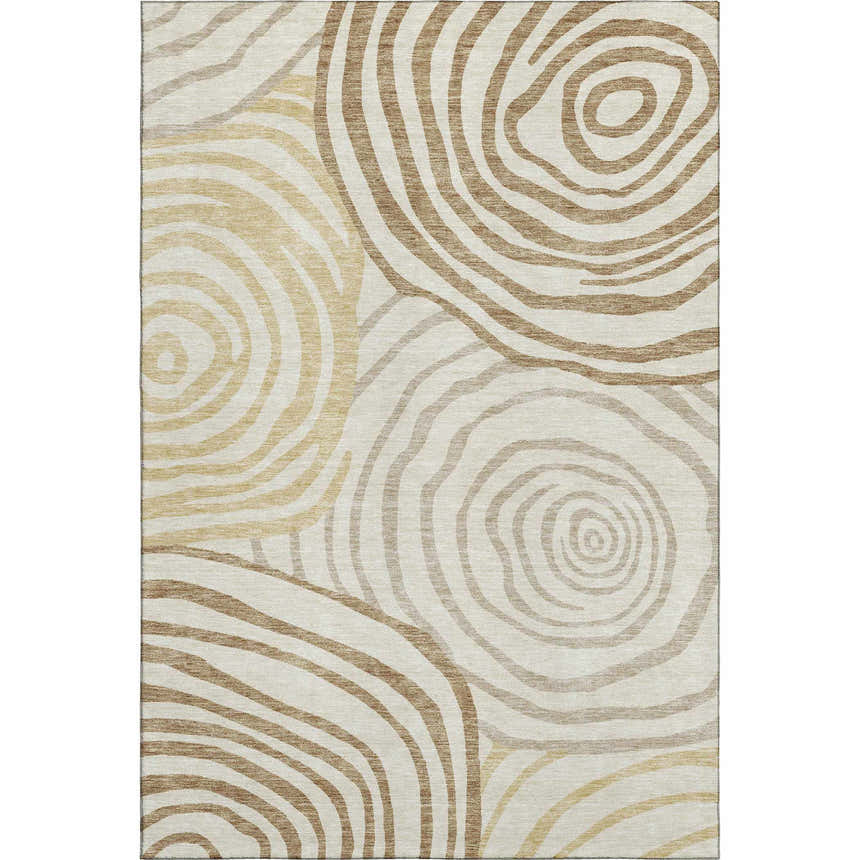Close-up of Dalyn Neo NO10 Gold Washable Area Rug with beige, gold, and chestnut swirl pattern. Farmhouse style.