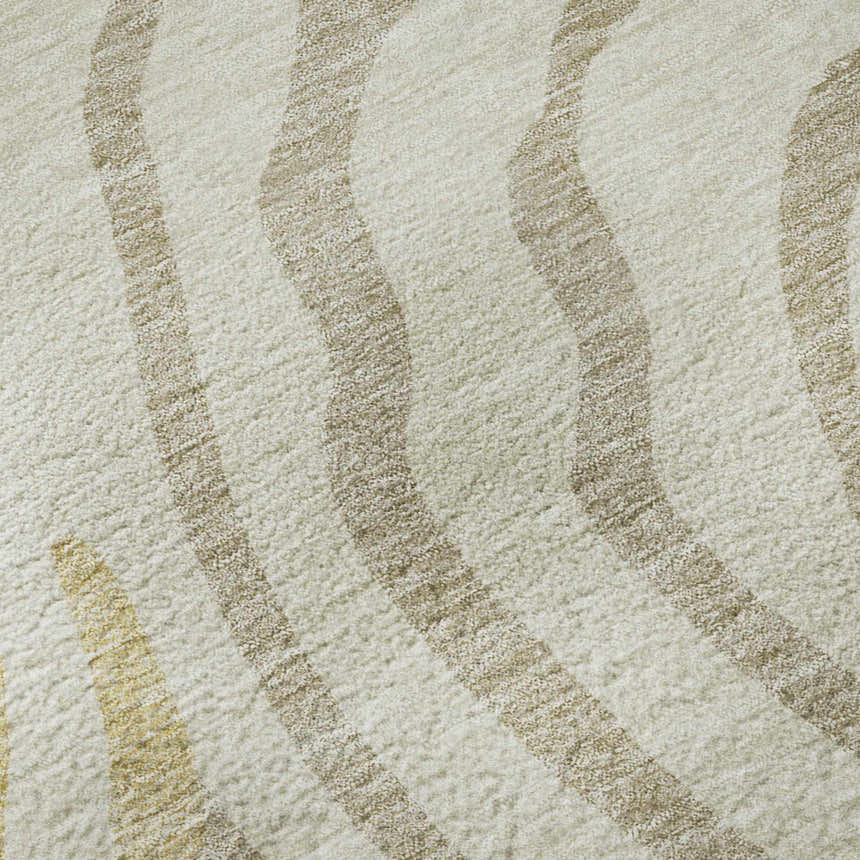 Close-up of the Dalyn Neo NO10 Gold Washable Area Rug, featuring beige and gold wavy stripes on a soft, textured surface.