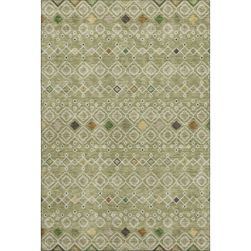 Dalyn Neo NO12 Sage Washable Area Rug with caramel, chestnut, gold, and taupe geometric diamond pattern.
