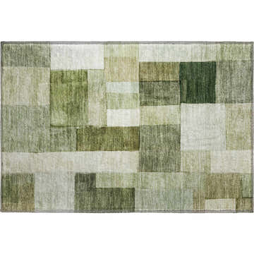 Dalyn Neo NO15 Sage Washable Area Rug with a geometric patchwork design in aloe, beige, and muted sage green tones.