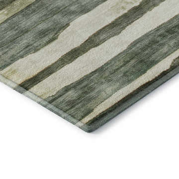 Close-up of Dalyn Neo NO16 Sage Washable Area Rug. Features a striped pattern in aloe, beige, and muted sage colors.