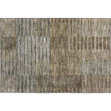 Close-up of Dalyn Neo NO17 Taupe Washable Area Rug. Farmhouse style rug with beige, fudge, ivory, and silver gray colors.