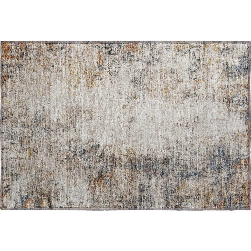 Close-up of the Dalyn Neo NO4 Putty Washable Area Rug. Beige, caramel, chestnut, and blue distressed pattern.