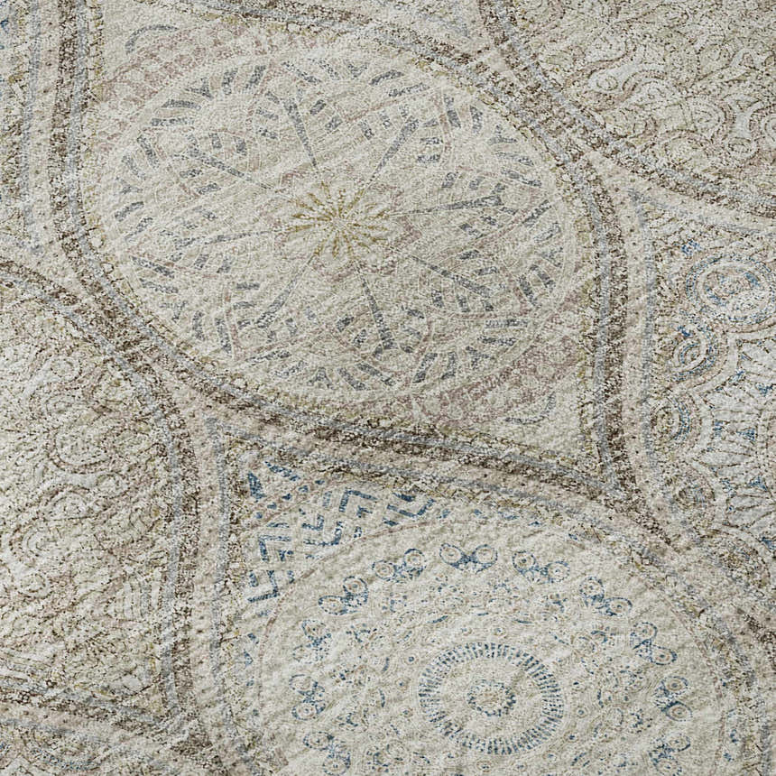 Close-up of Dalyn Neo NO7 Linen Washable Area Rug. Beige rug with blush, caramel, blue, and olive medallion pattern.