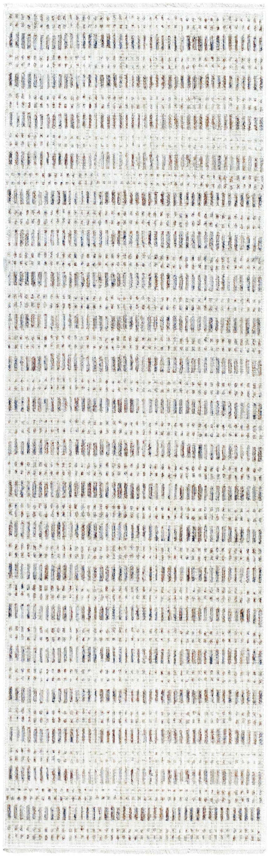 Close-up of the Nuhad Area Rug featuring a textured, geometric pattern in dark red, gray, navy, rust, and white. Design-Runner-3210