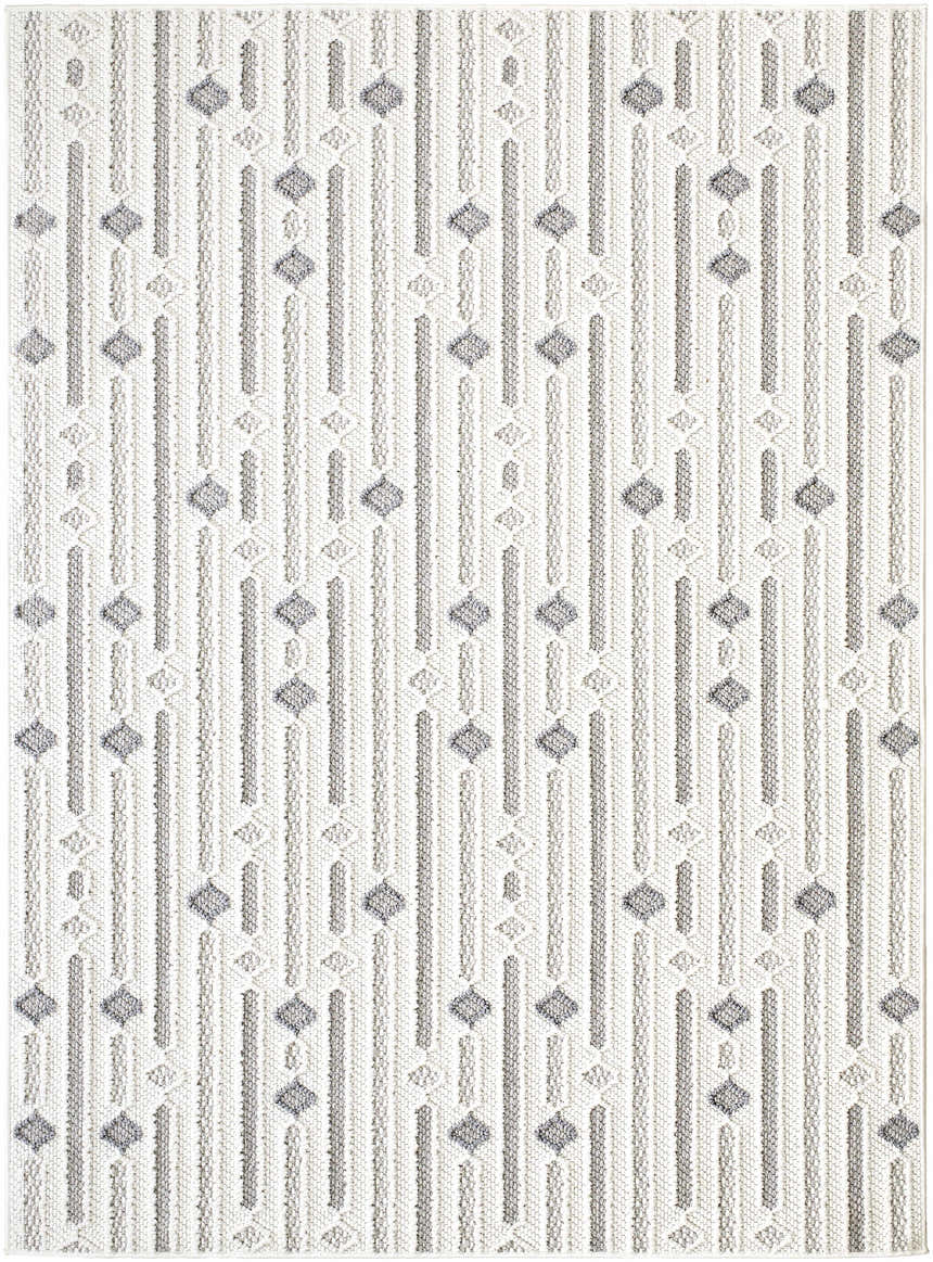Close-up of the Niara Area Rug. Contemporary design with ivory, light gray, and medium gray stripes and diamond shapes. Design-Rectangle-537
