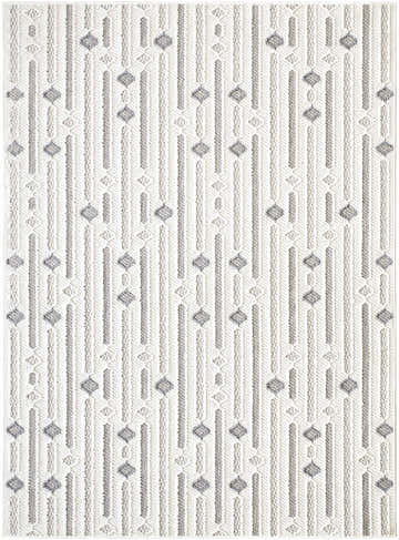 Close-up of the Niara Area Rug. Contemporary design with ivory, light gray, and medium gray stripes and diamond shapes. Design-Rectangle-537