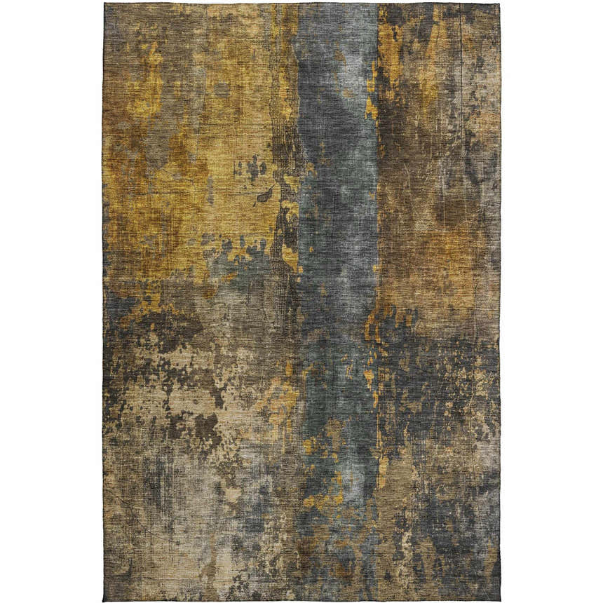 Close-up of the Dalyn Nouveau NV12 Gray Washable Area Rug. Features gold, silver gray, taupe, and teal colors in a contemporary design.