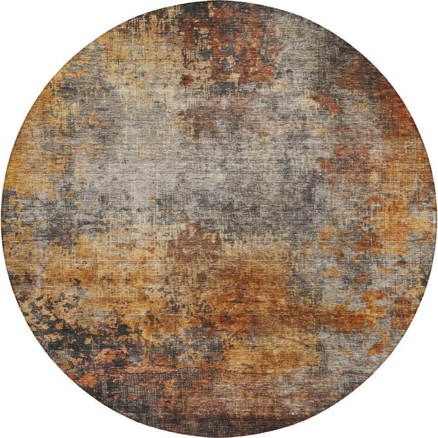 Close-up of round Dalyn Nouveau NV18 Paprika rug. Caramel, gold, paprika, silver gray, and taupe distressed pattern.
