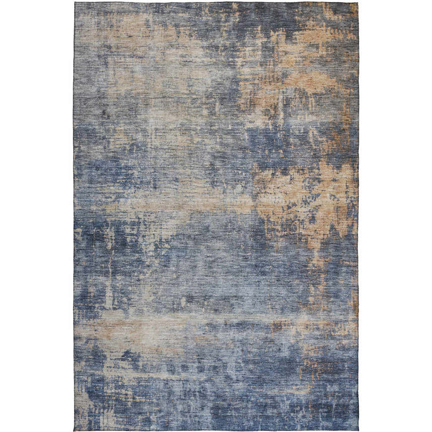 Dalyn Nouveau NV25 Denim Washable Area Rug with a contemporary beige, denim, and silver gray abstract design.