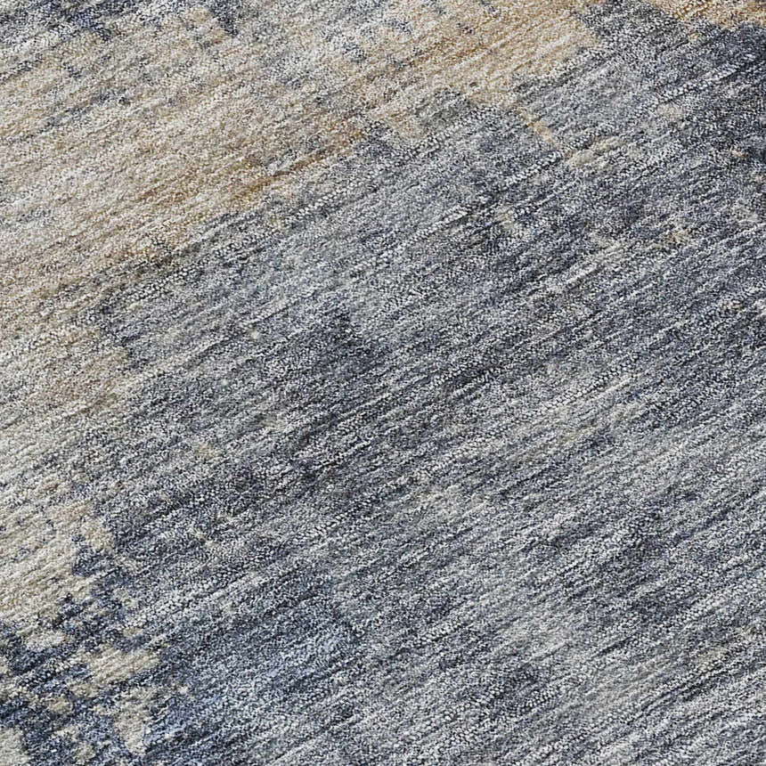 Close-up of Dalyn Nouveau NV25 Denim Washable Area Rug. Beige, denim, and silver gray textured pattern.