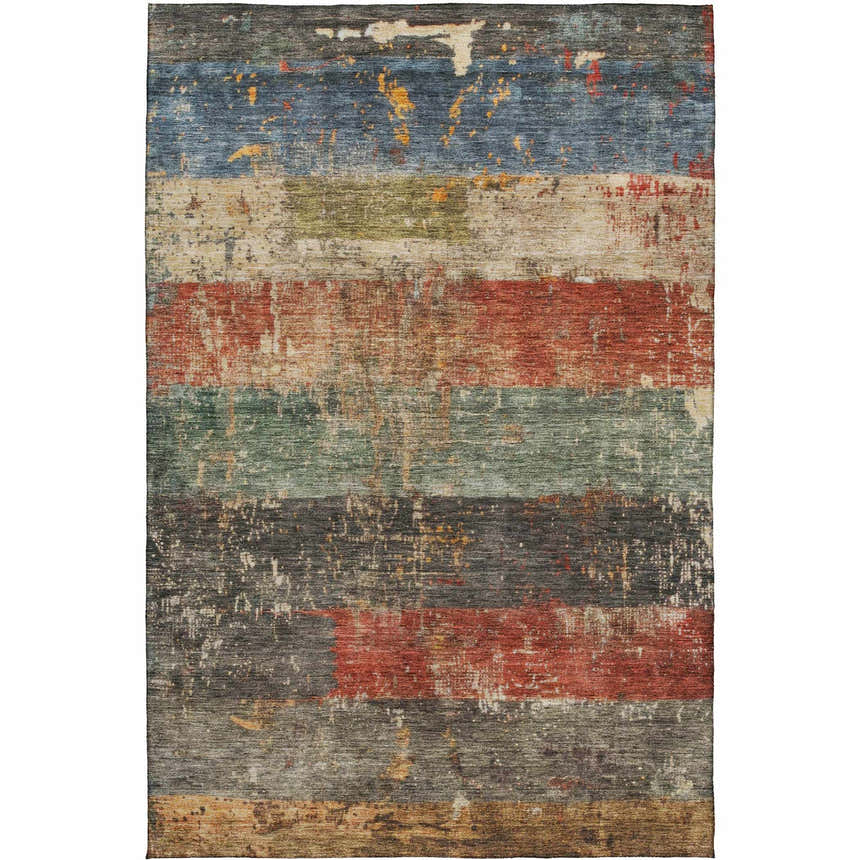 Dalyn Nouveau NV6 Fern Washable Area Rug with beige, caramel, green, and red distressed horizontal stripes.