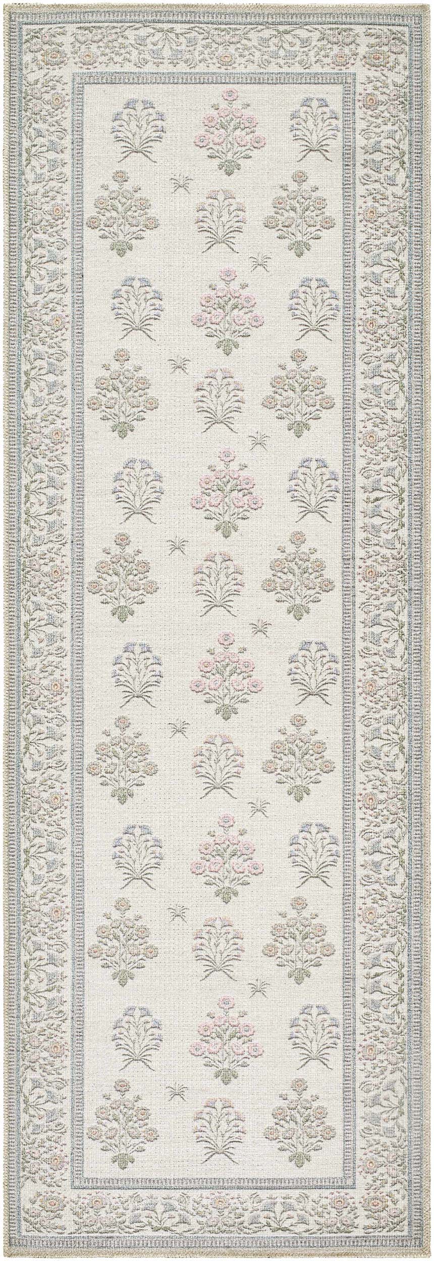 Close-up of the Aquene Ivory Washable Area Rug, a runner with a floral pattern in blush, sage, and sky blue on an ivory background. Design-Runner-2773