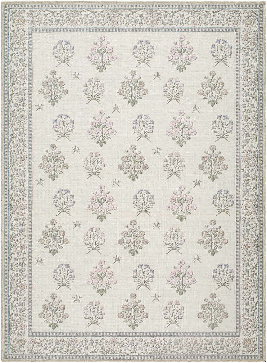 Close-up of Aquene Ivory Washable Area Rug with blush, blue, sage floral bouquets and a detailed border. Design-Rectangle-5373