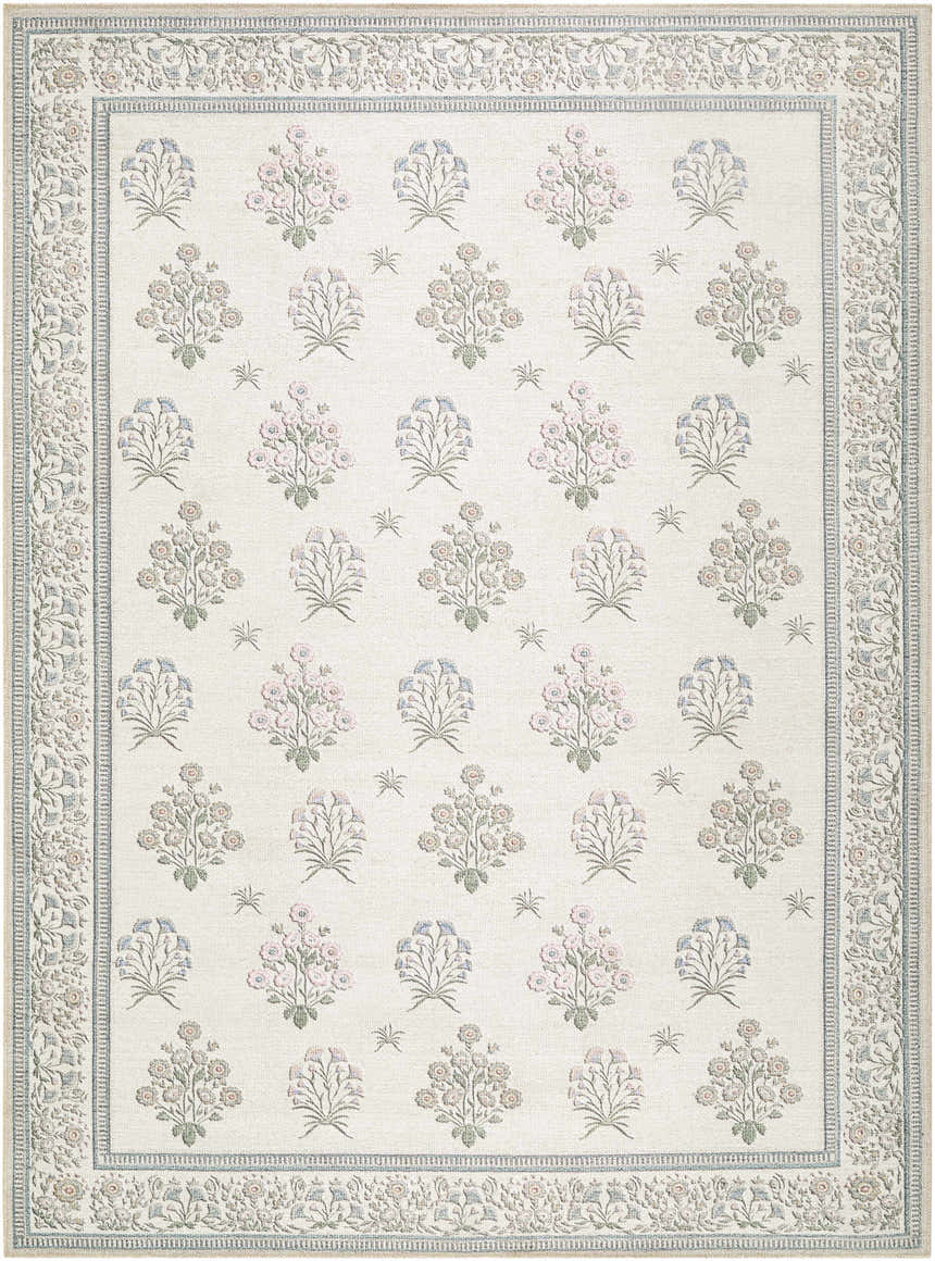Close-up of Aquene Ivory Washable Area Rug with blush, sage, and blue floral pattern and decorative border. Design-Rectangle-679