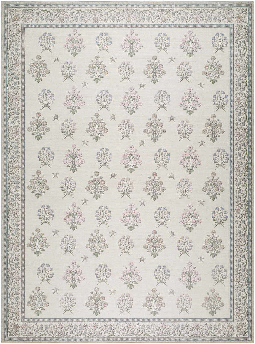 Close-up of Aquene Ivory Washable Area Rug with a floral pattern in blush, sage, sky blue, and taupe on an ivory background. Design-Rectangle-810