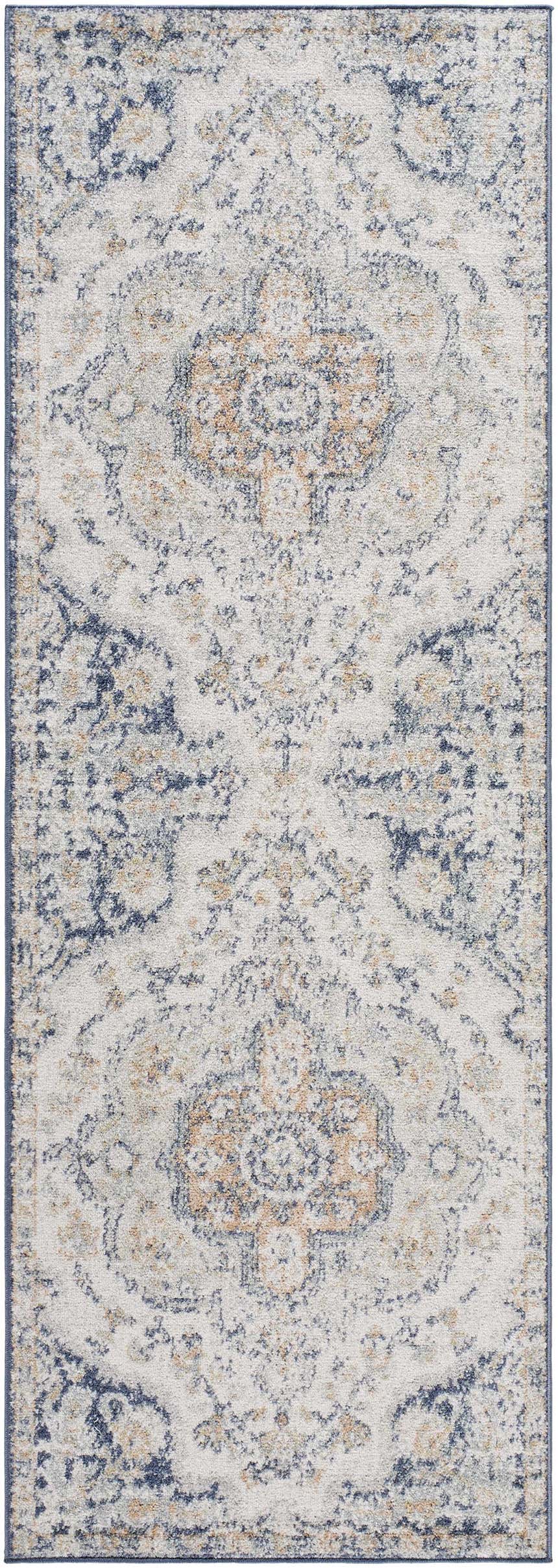 Close-up of the Nyrie Area Rug featuring a traditional light gray, blue, and gold floral pattern. Design-Runner-2776