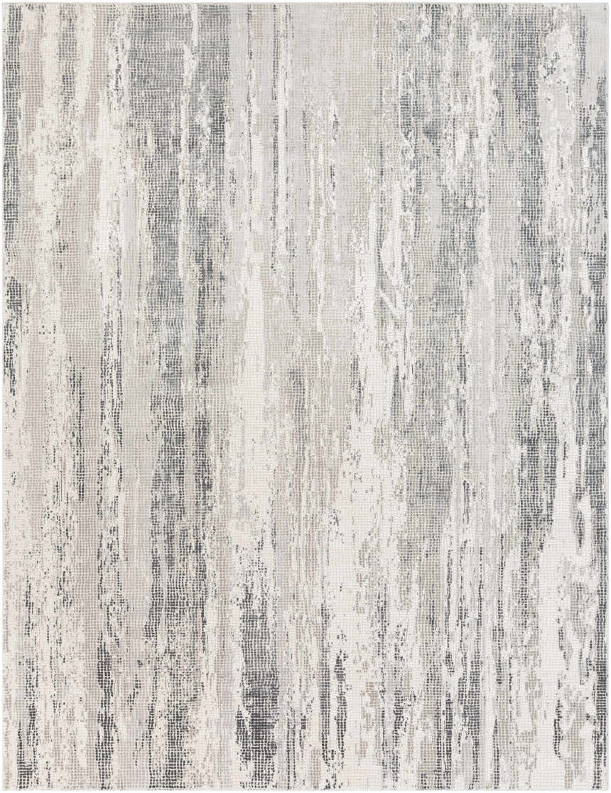 Close-up of Livabliss Aisha Surya AIS-2304 area rug. Contemporary style with charcoal, gray, light gray, and off-white colors. Design-Rectangle-710103