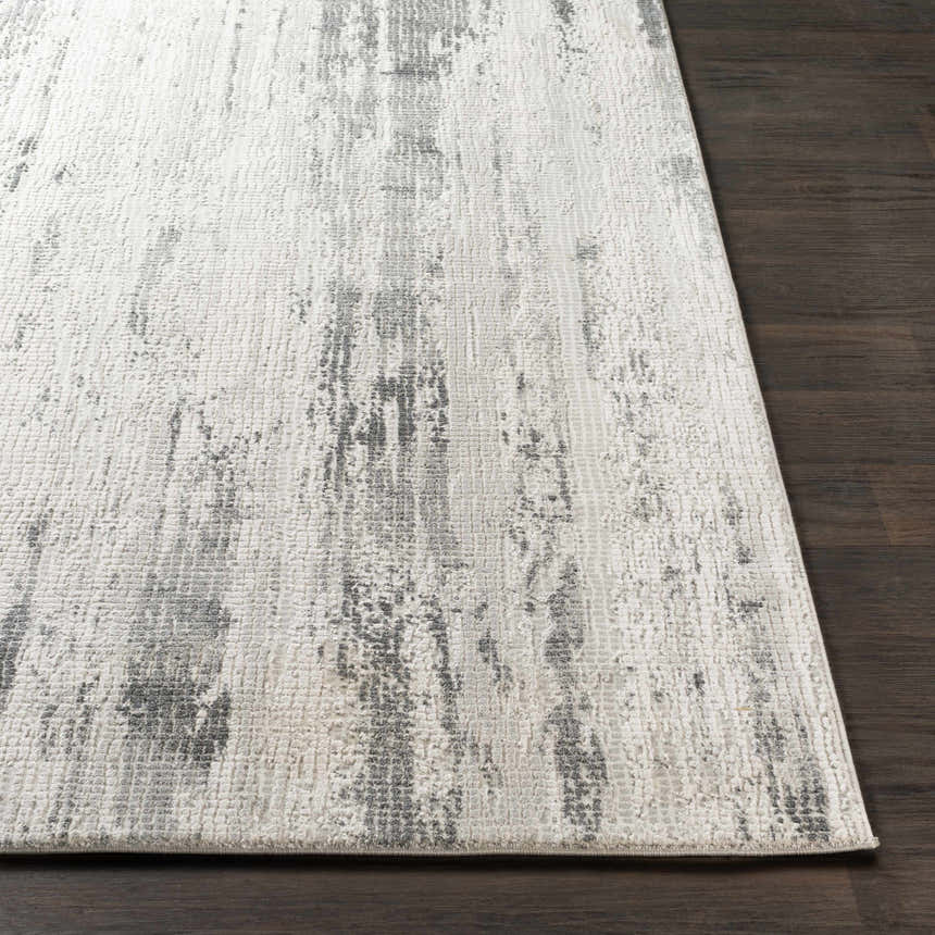 Close-up of the Livabliss Aisha Surya AIS-2304 area rug. Features a contemporary charcoal, gray, and off-white pattern. Front
