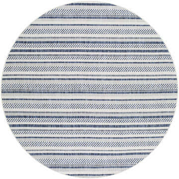 Close-up of a round Olin White&Blue Striped Nordic Rug. Features horizontal stripes in shades of blue and white. Design-Round-53