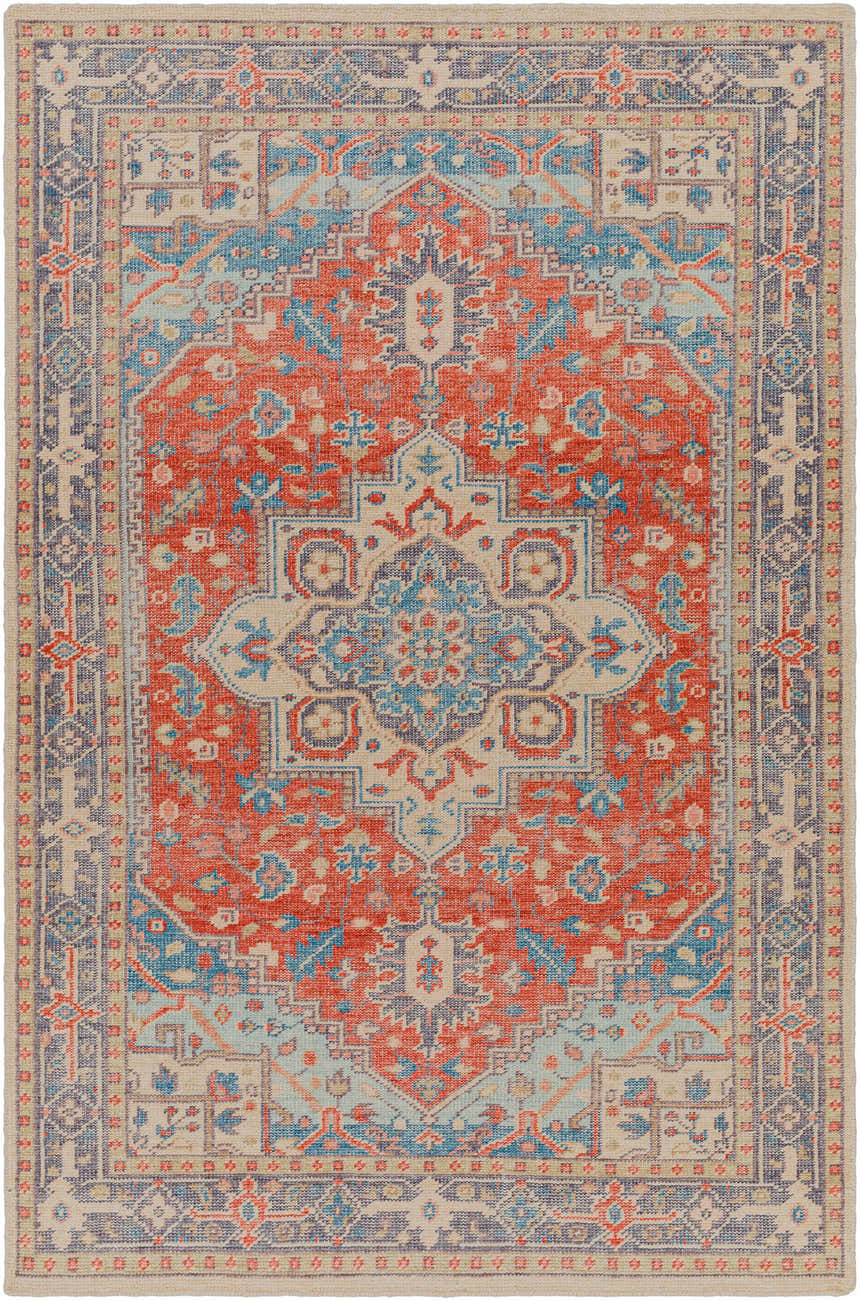 Hand-knotted Oracabessa Premium Area Rug in brick red, blue, and beige. Wool Persian rug with traditional oriental design. Design-Rectangle-69