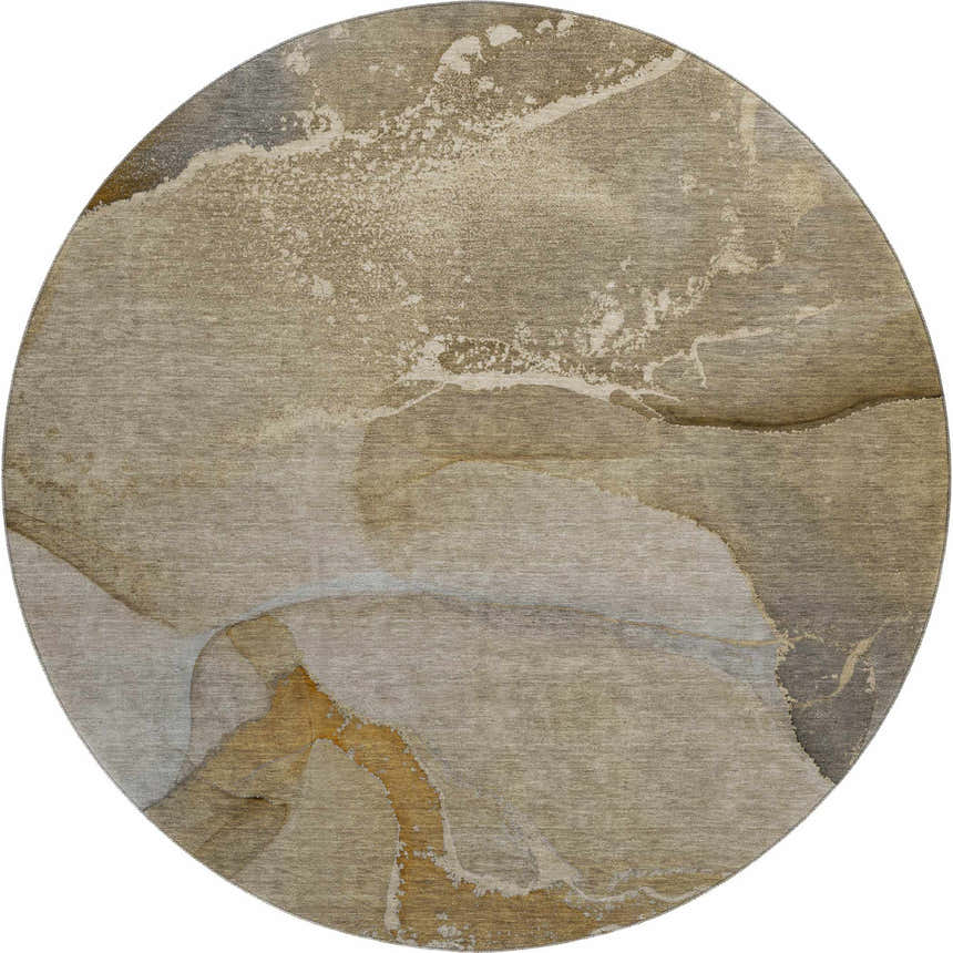 Round Dalyn Luxury Odyssey OY10 Chocolate Washable Area Rug with beige, brown, and taupe abstract pattern.