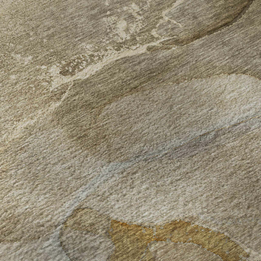 Close-up of the Dalyn Luxury Odyssey OY10 Chocolate Washable Area Rug. Beige, brown, and ivory abstract pattern.