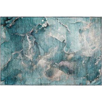 Close-up of the Dalyn Luxury Indoor/Outdoor Odyssey OY11 Teal Washable Area Rug with an abstract aqua, teal, and taupe pattern.