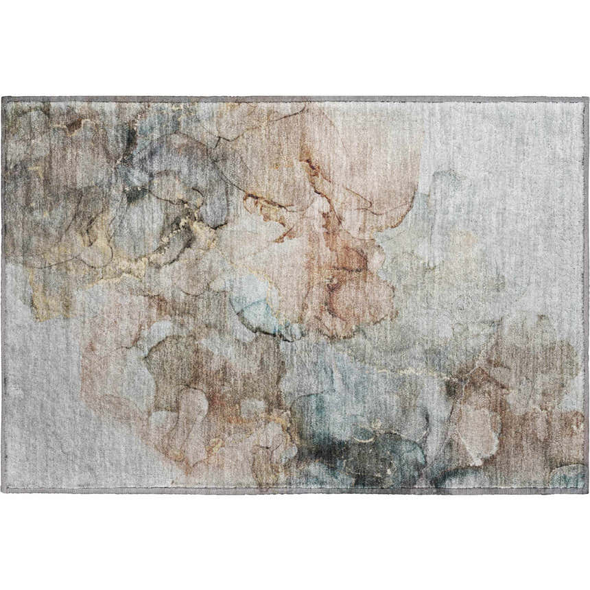 Dalyn Luxury Odyssey OY12 Tan Washable Area Rug with beige, caramel, and light blue abstract pattern.