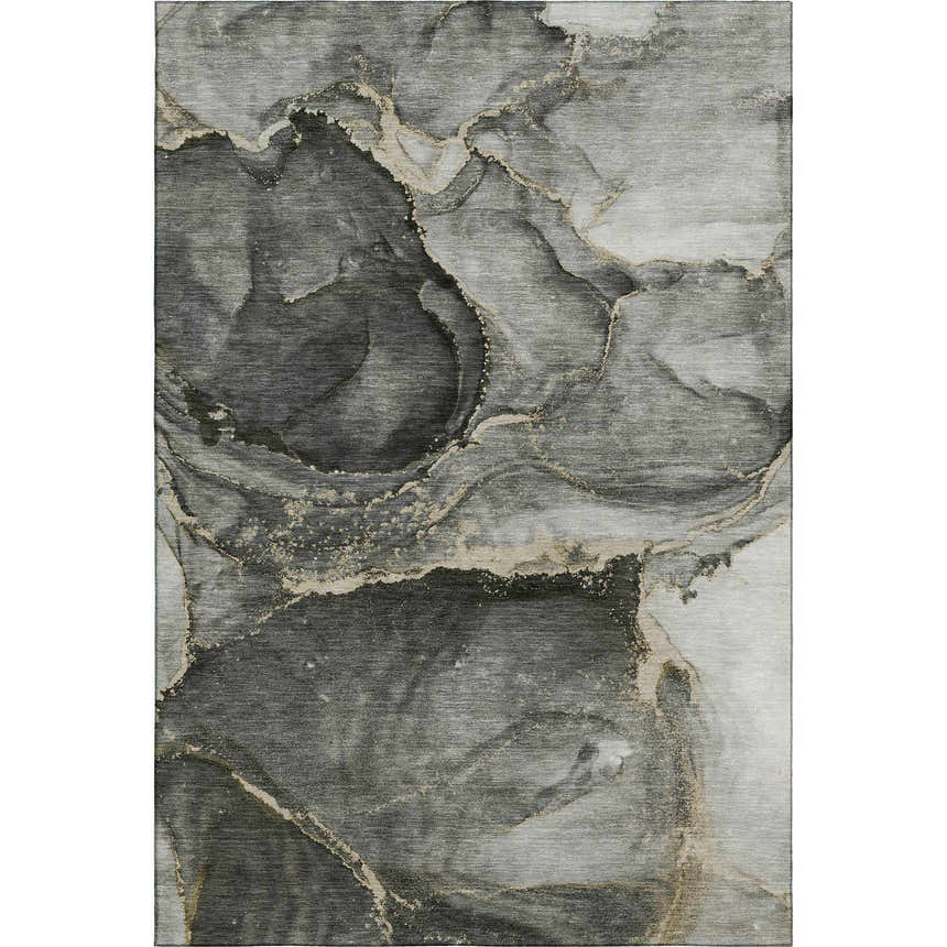 Dalyn Luxury Odyssey OY14 Charcoal Washable Area Rug with a marbled design in black, gray, and gold.