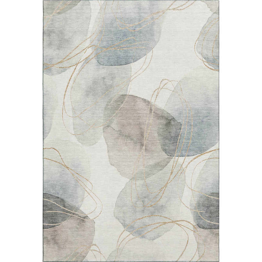 Dalyn Luxury Odyssey OY15 Pearl rug. Abstract design in pearl, taupe, gold, and ivory. Washable indoor/outdoor rug.