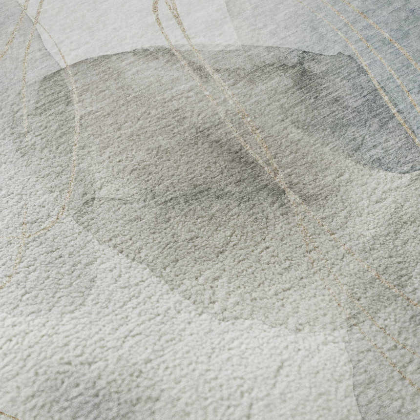 Close-up of Dalyn Luxury Odyssey OY15 Pearl Washable Area Rug. Features pearl, taupe, and gold abstract design.