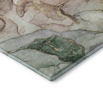 Close-up of Dalyn Luxury Indoor/Outdoor Odyssey OY1 Taupe Washable Area Rug with aloe, beige, and gold abstract pattern.